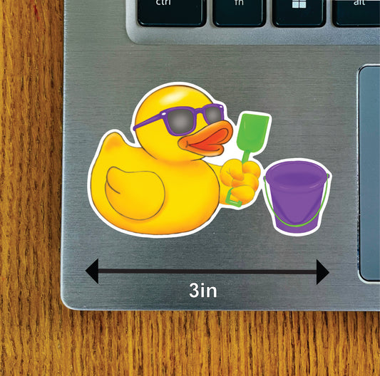 Duck on Beach with Boy Glasses and Bucket (Pink, Blue, Purple, Green)