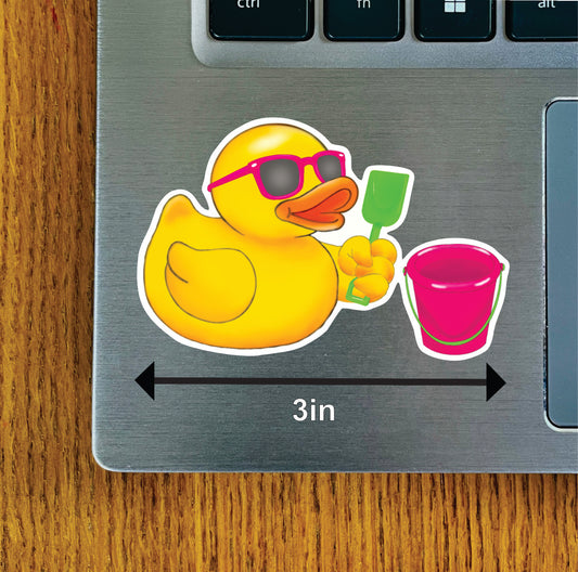 Duck on Beach with Boy Glasses and Bucket (Pink, Blue, Purple, Green)